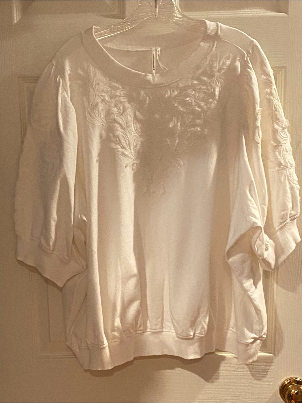 Anthropologie Cream Embroidered Short-Sleeve Pullover
